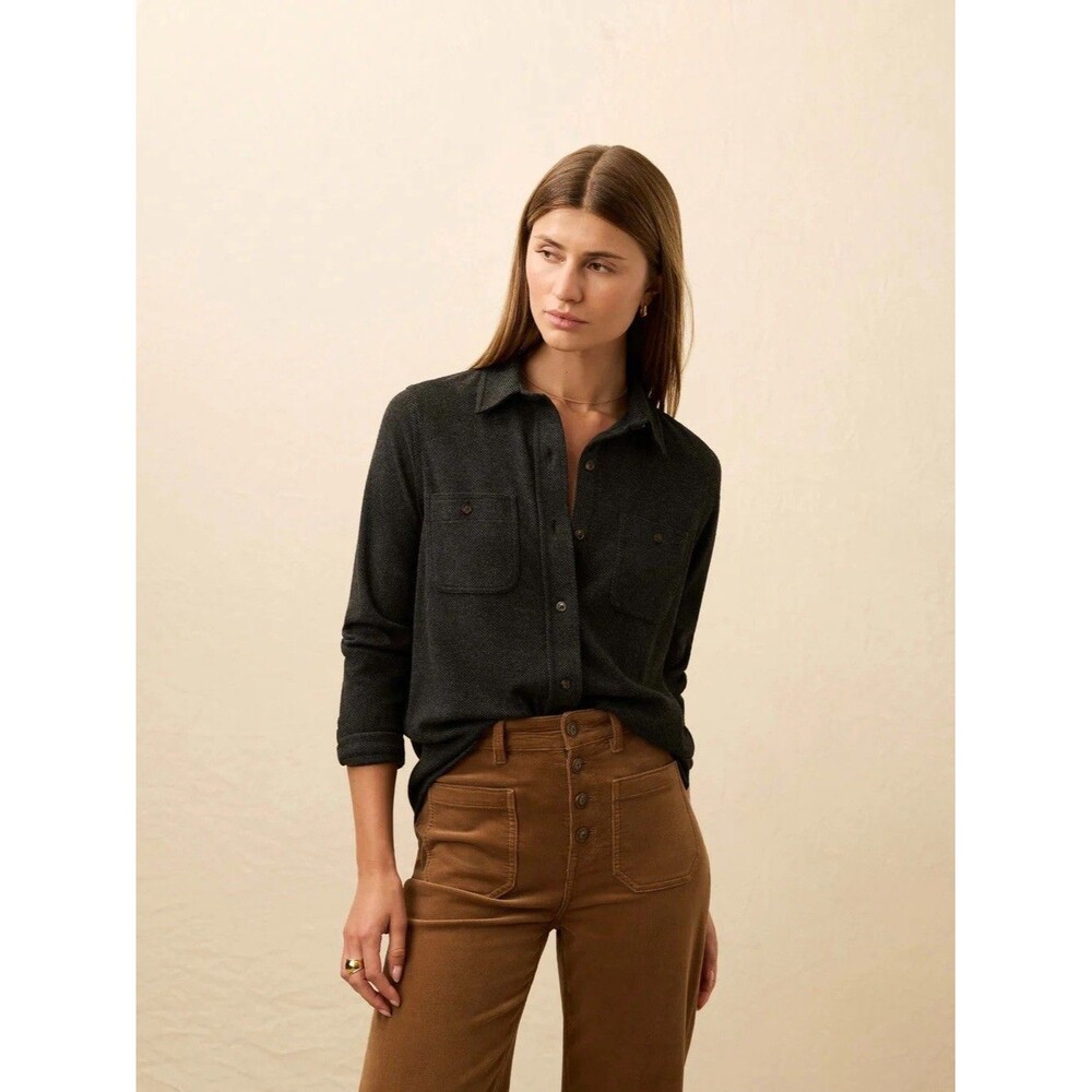 Faherty Womens Size M Legend Sweater Shirt Heathered Black Button Up Pockets
